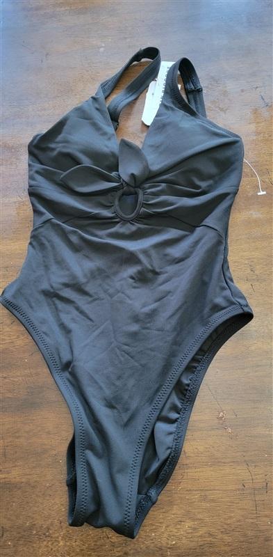 NWT Robin Piccone 2 Ava Plunge Neck Tie-Front 1PC Swimsuit Black 122174
