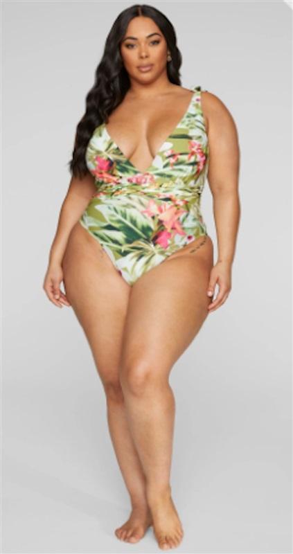 NWT Fashion to Figure Tropical Deep V 1PC Swimsuit 122180