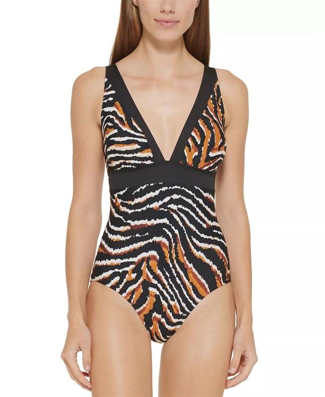 NWT DKNY 8 Tiger Deep V 1P Swimsuit 122186