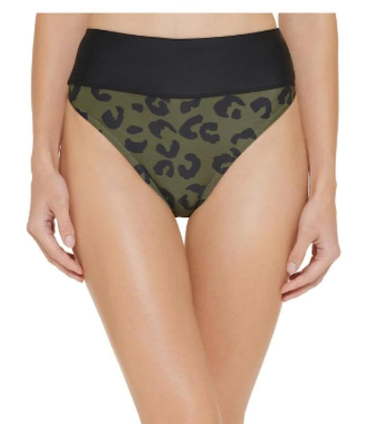 NWT DKNY XS Leopard High Waist Olive Green Bikini Swim Bottom 122200
