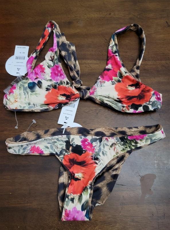 NWT Pilyq S Knot Top Reversible Bikini Top & Bottom Floral Animal Set 122311