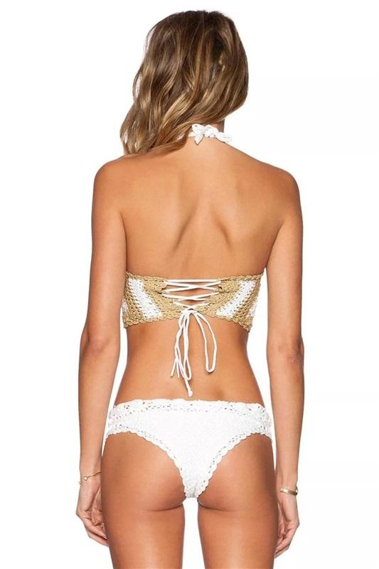 NWOT Pilyq S Blair Crochet High Neck Halter Bikini Swim Top Beige 122365