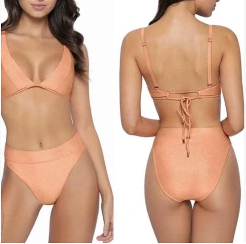 NWT Pilyq Citrine M Skylar Halter Bikini Swim Top Sparkle Orange 122384