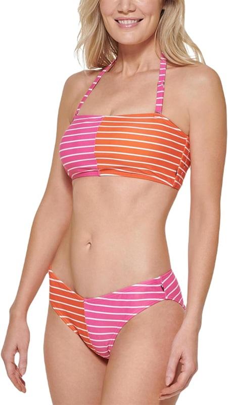 NWT Tommy Hilfiger M Bandeau Pink Orange Stripe Bikini Top Bottom 122394