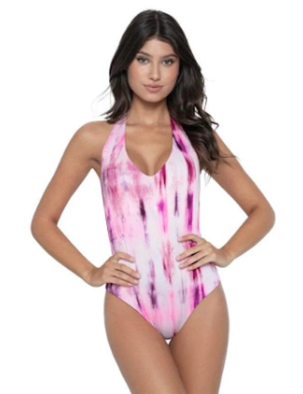 NWT Pilyq SM Avery Spell Bound Deep V Neck Halter Swimsuit Purple Pink 122413