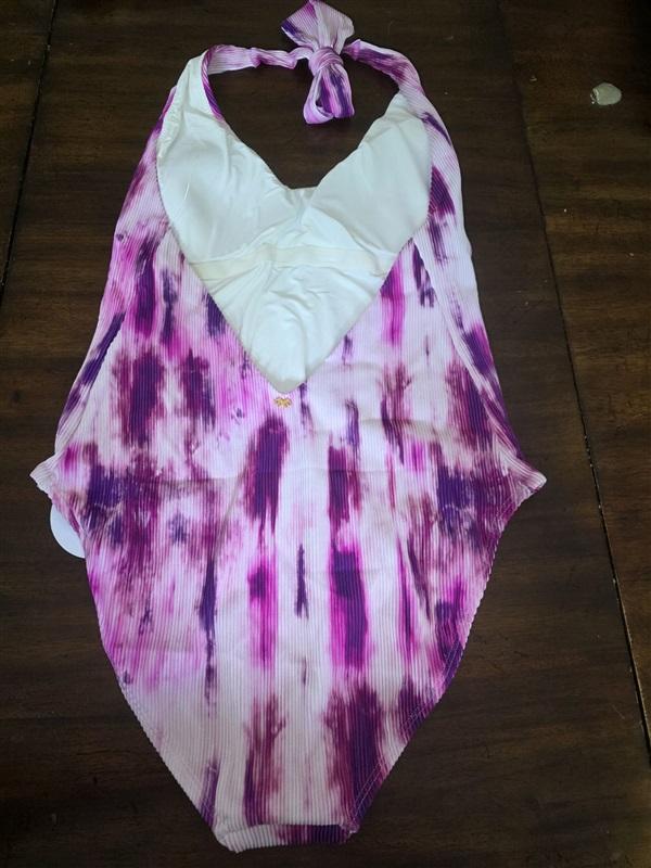 NWT Pilyq SM Avery Spell Bound Deep V Neck Halter Swimsuit Purple Pink 122413