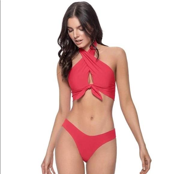 NWT PIlyq L Ava Red Basic Ruched Full Bikini Swim Bottom 122429