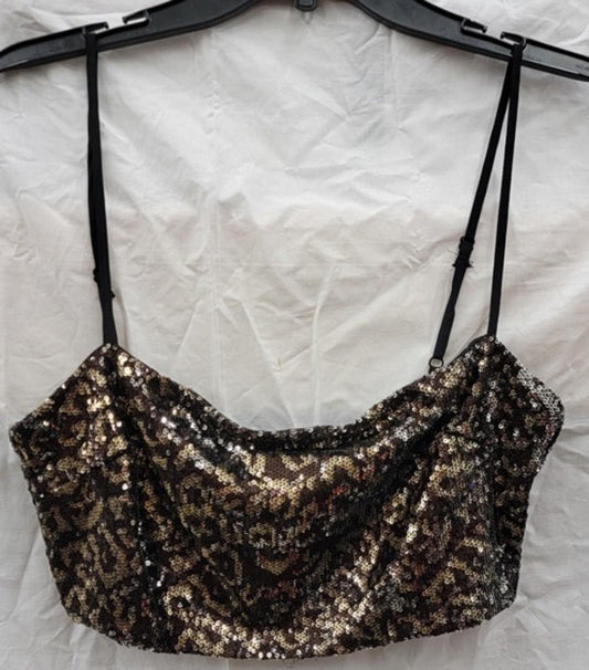 NWT Olivaceous L Sequin Crop Tank Top Black Gold 122458