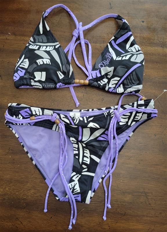 NWOT O'Neill Large Black Purple Tropical Belted Bikini Swim Top Bottom 122498