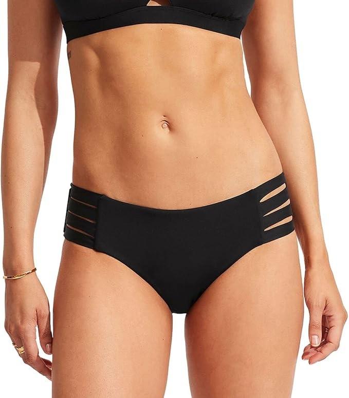 NWOT Seafolly 10 USA Multi Strap Hipster Full Coverage Bikini Bottom Black 122503