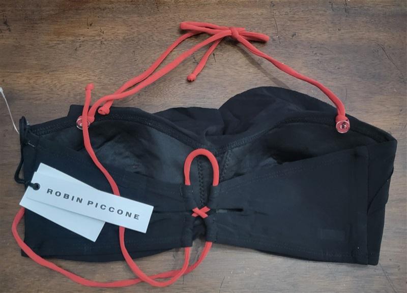 NWOT Robin Piccone M Lina Lace Up Ruffle Swim Top Black Red 122650