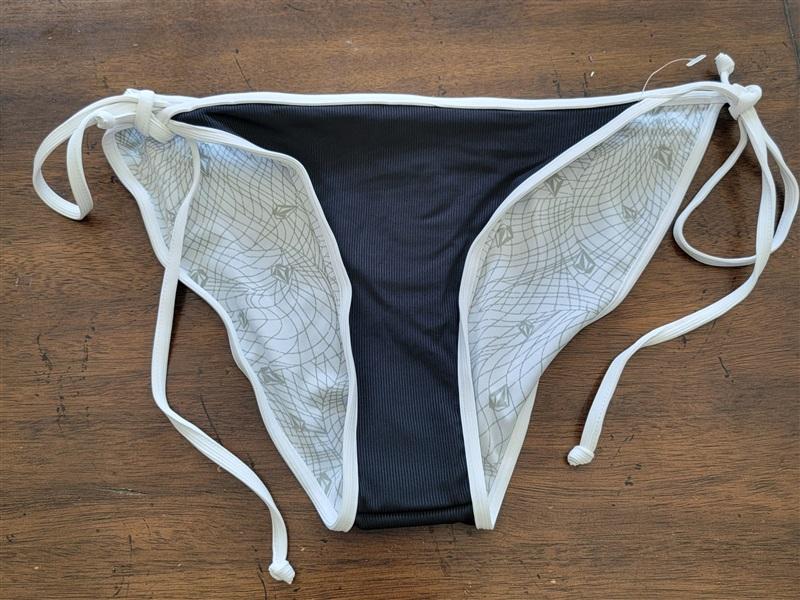 NWOT Volcom L Black White Ribbed Side-Tie Cheeky Bikini Swim Bottom 122748