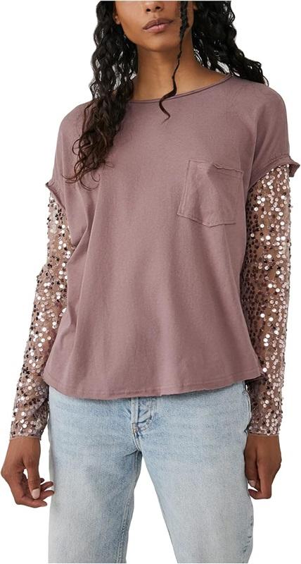 NWT Free People XS Celine Sequin Sleeve Purple Shadows T Shirt Top 122970