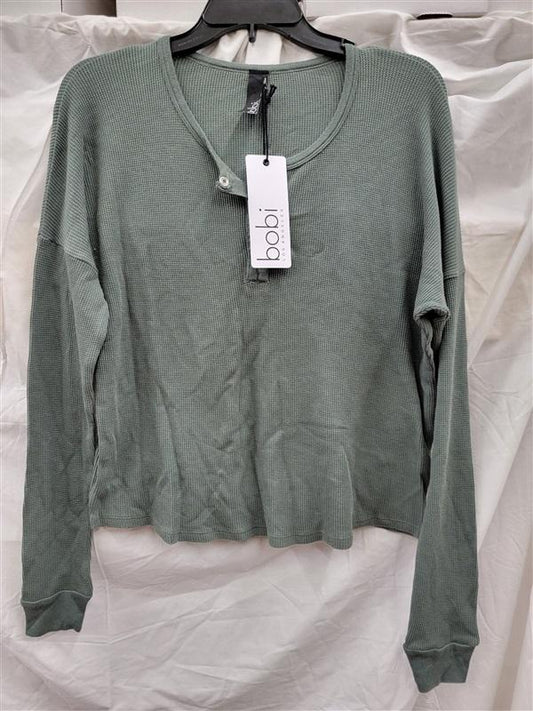 NWT Bobi XS Cropped Long Sleeve Waffle Knit Henley Shirt Sage Green 122986