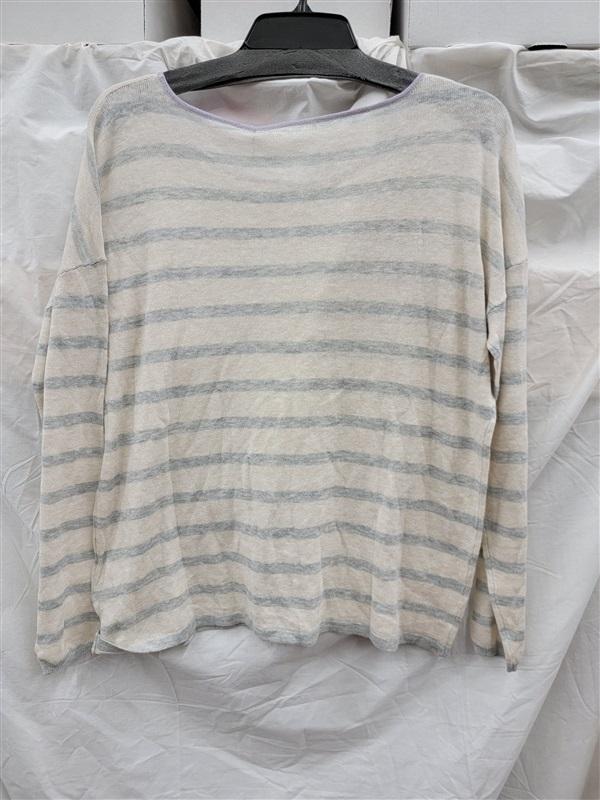 NWT One Gray Day SM Cotton Linen Stripe Round Neck Sweater 122988