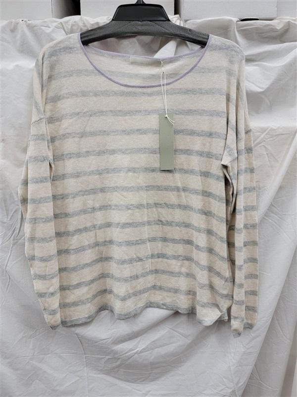 NWT One Gray Day SM Cotton Linen Stripe Round Neck Sweater 122988