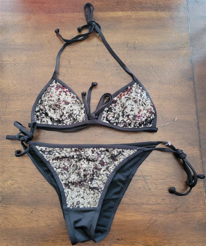 NWOT H&M Sequin Black Silver Bikini Swim Set Tie Side Bikini Top Bottom 123012