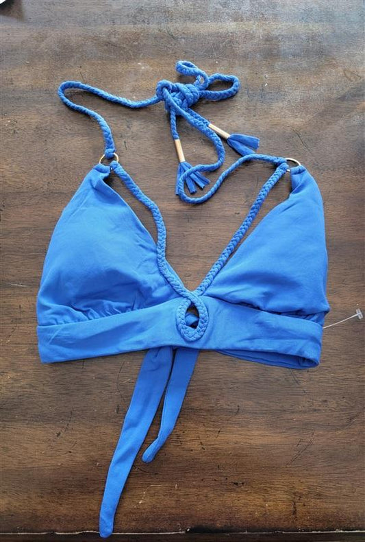 NWOT Robin Piccone XS V Neck Braided Tie Bikini Swim Top Periwinkle 123045