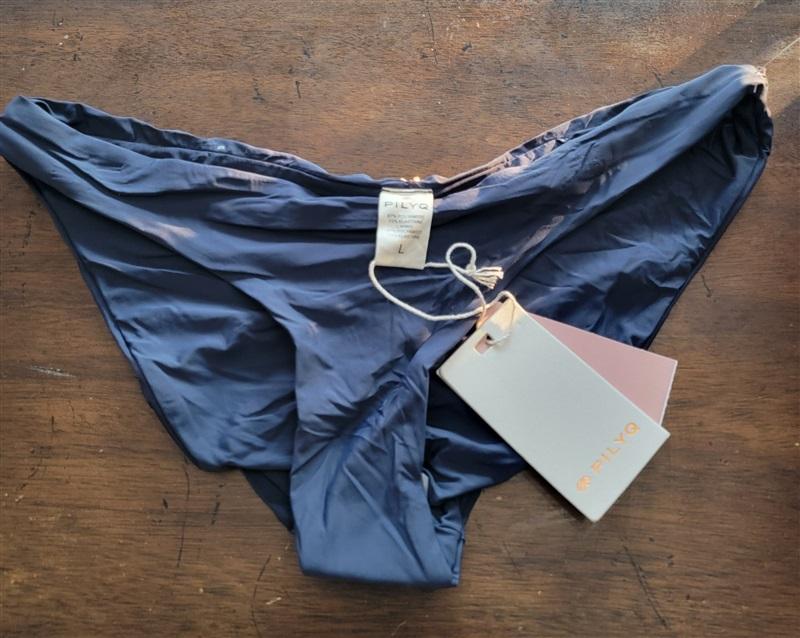 NWT Pilyq Basic Navy Blue Solid L Full Ruched Bikini Swim Bottoms 123057