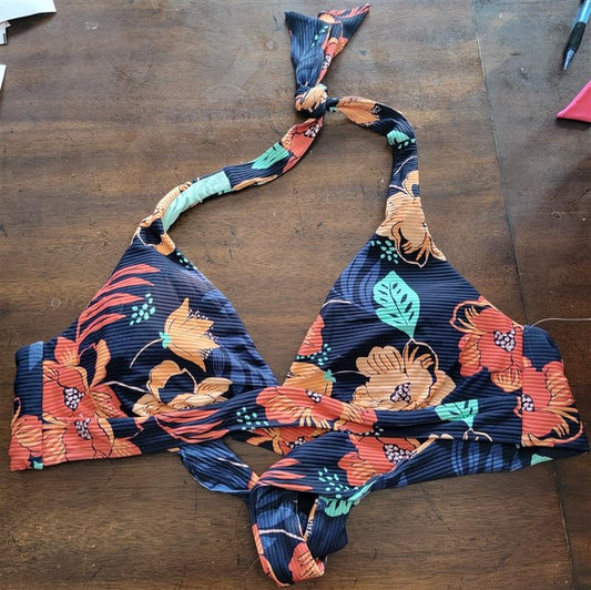 NWOT Seafolly 12 USA V Crop Bikini Swim Top Ribbed Blue Floral 123061