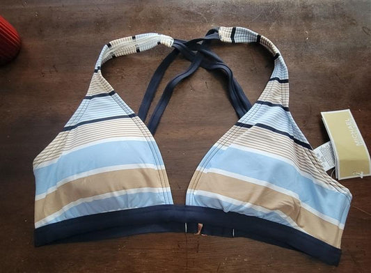 NWT Michael Kors L Stripe HALTER BIKINI TOP Blue Tan White Swimsuit 123063
