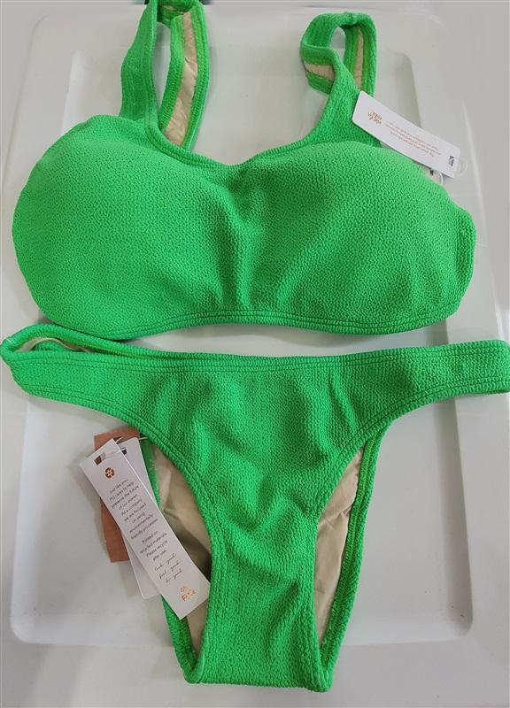 NWT PIlyq Kiwi Reef L Top Green Textured Cheeky Bikini L Swim Bottom Set 123072