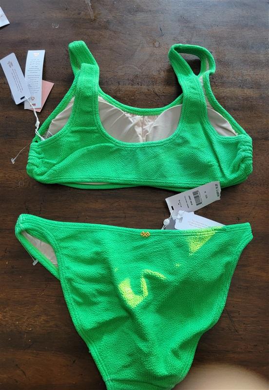 NWT PIlyq Kiwi Reef L Top Green Textured Cheeky Bikini L Swim Bottom Set 123072