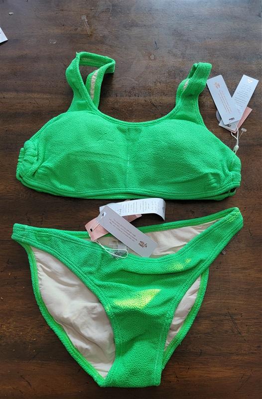 NWT PIlyq Kiwi Reef L Top Green Textured Cheeky Bikini L Swim Bottom Set 123072