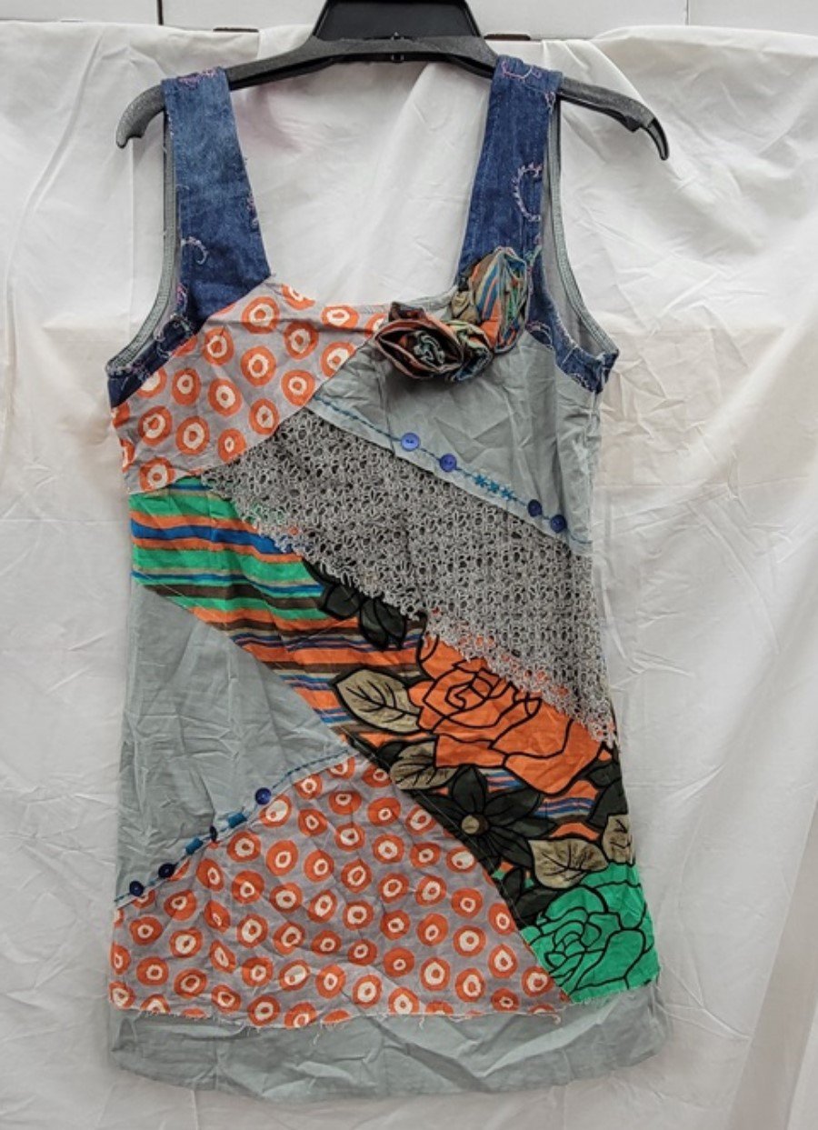 NWT Lucy & Co S Patchwork Bohmian Raw Edge Mixed Linen Sundress 123093