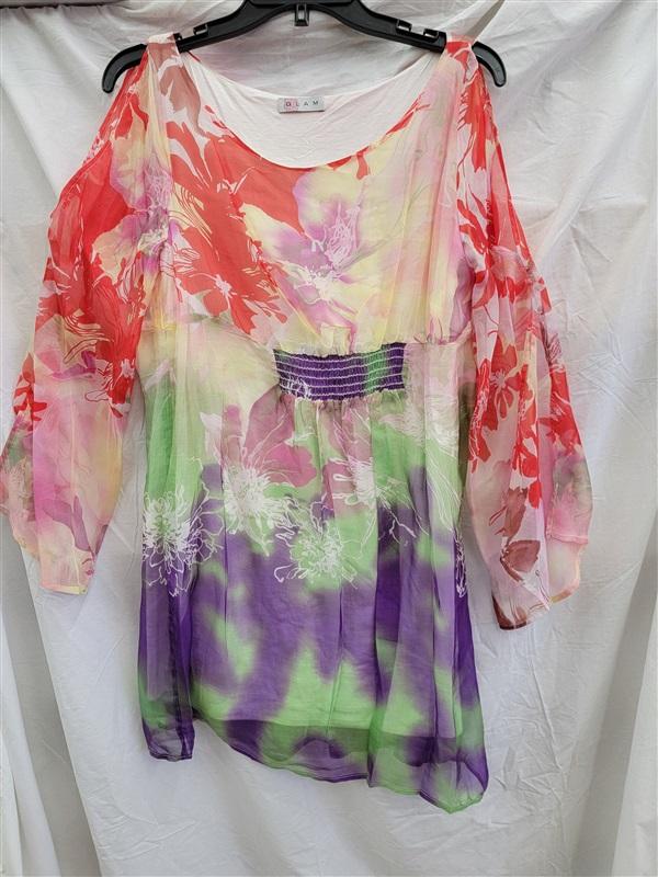 NWOT Glam Boutique L Floral Butterfly Sleeve 100% Silk Mini Dress 123107