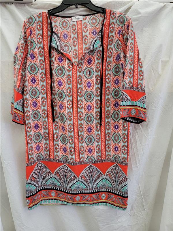 NWOT Glam Boutique SMALL Medallion Orange Teal Keyhole Front Shift Dress 123114
