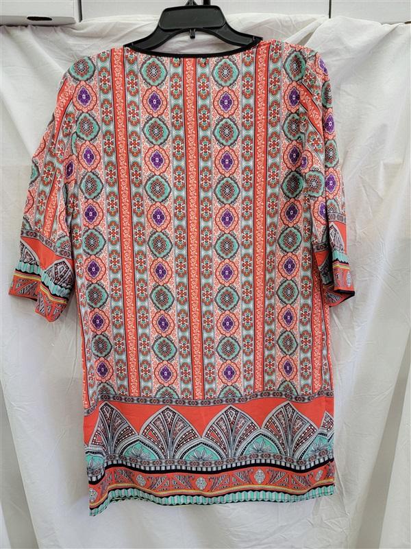 NWOT Glam Boutique SMALL Medallion Orange Teal Keyhole Front Shift Dress 123114