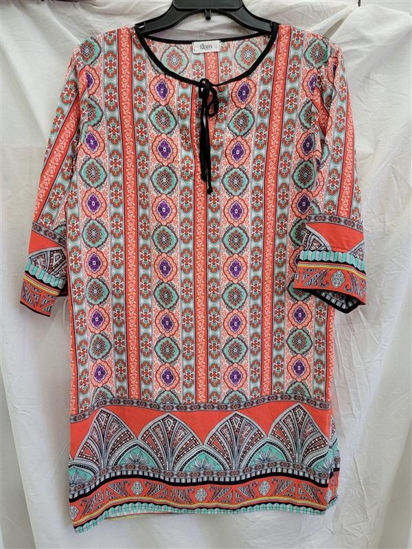 NWOT Glam Boutique SMALL Medallion Orange Teal Keyhole Front Shift Dress 123114