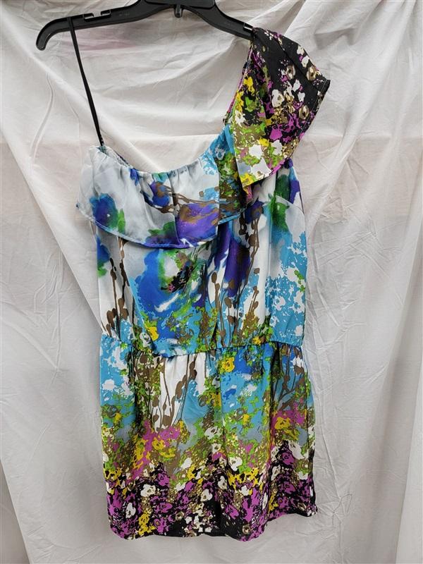 NWOT Glam Boutique S Watercolor Purple Blue 1 Shoulder Shift Dress 123117