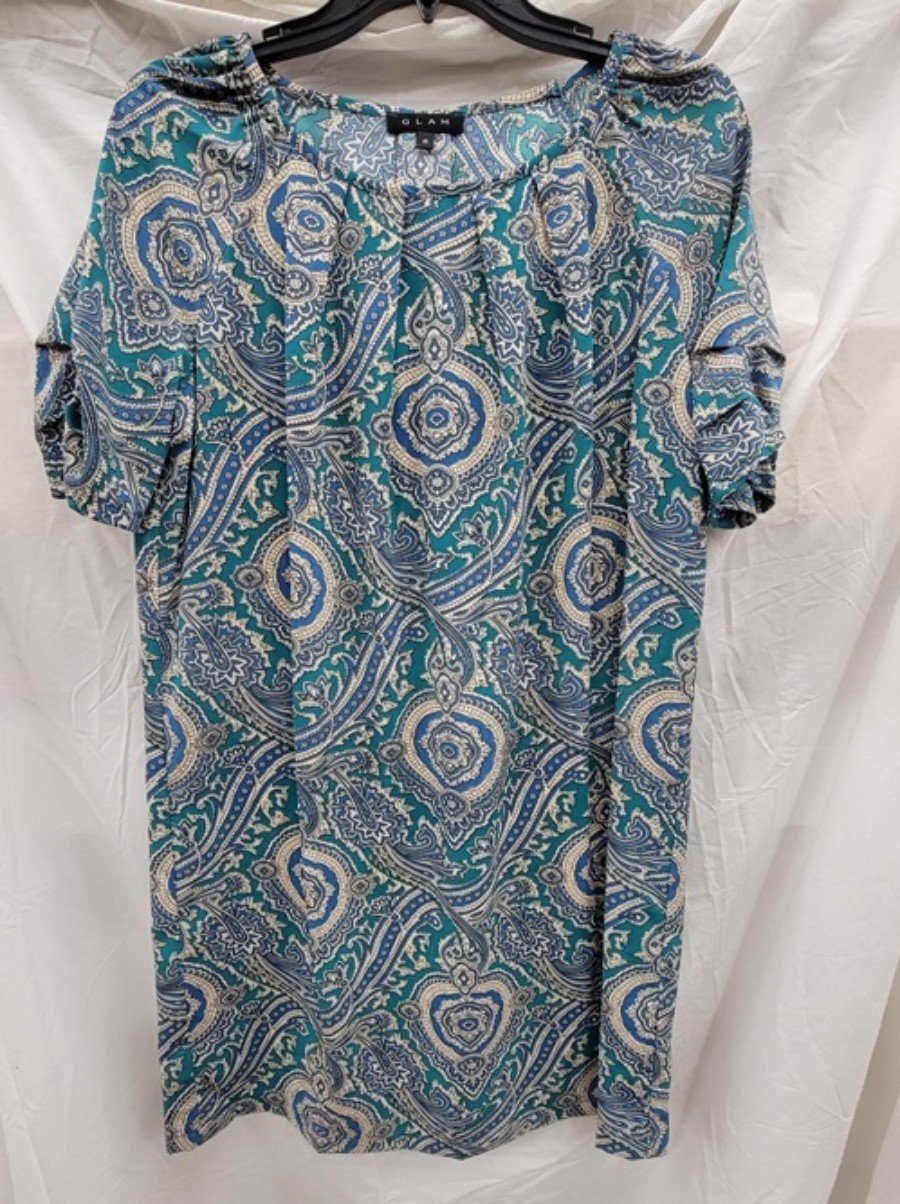 NWOT Glam Boutique S Blue Green Paisley Shift Dress 123227