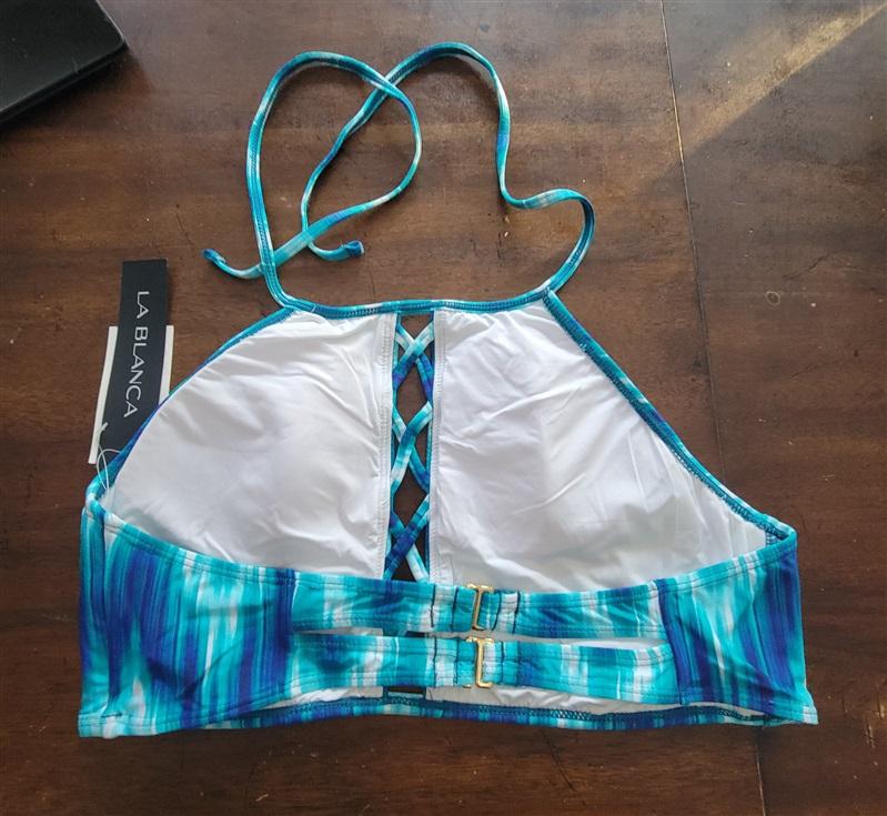 NWT La Blanca 6 Blue Waves High Neck Midkini Top Blue White 123243