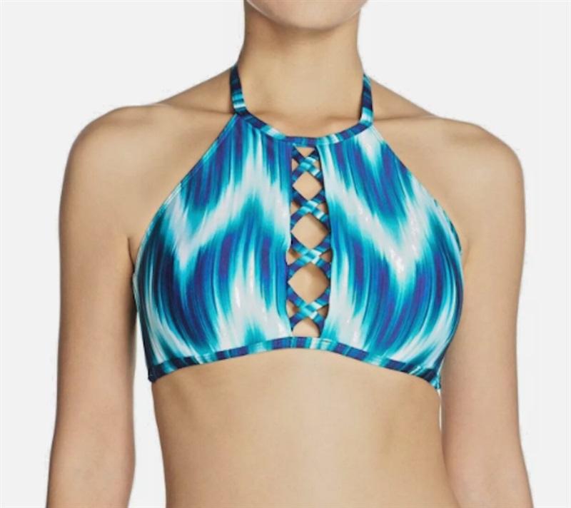 NWT La Blanca 6 Blue Waves High Neck Midkini Top Blue White 123243