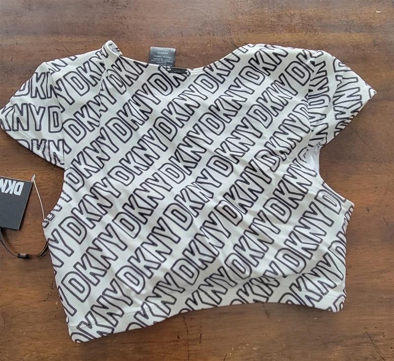 NWT DKNY XS Logo Crop Black White Bikini Swim Top 122169