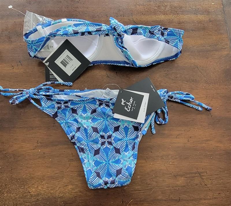NWT Echo XS Havana Geo Underwire Bikini Top & Tie Side Bottom Blue 123266