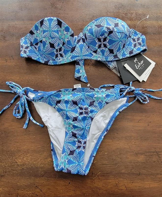 NWT Echo XS Havana Geo Underwire Bikini Top & Tie Side Bottom Blue 123266