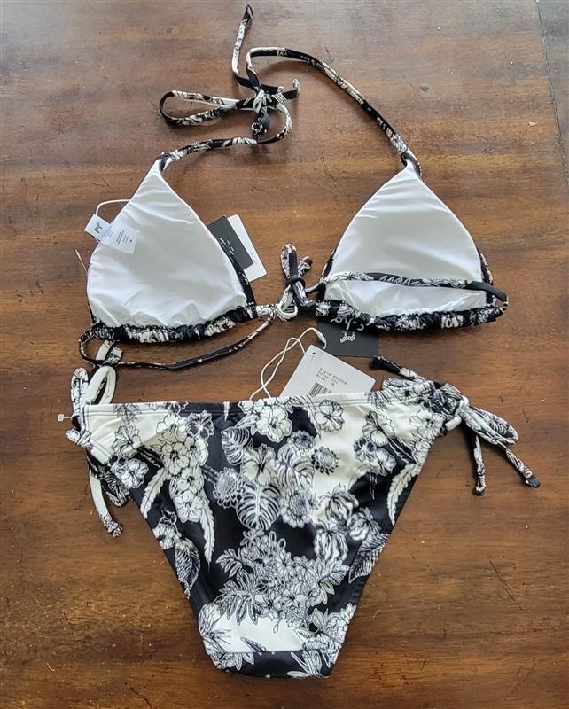 NWT Echo M Black White Floral Bikini Halter Top & Tie Side Bottom 123275