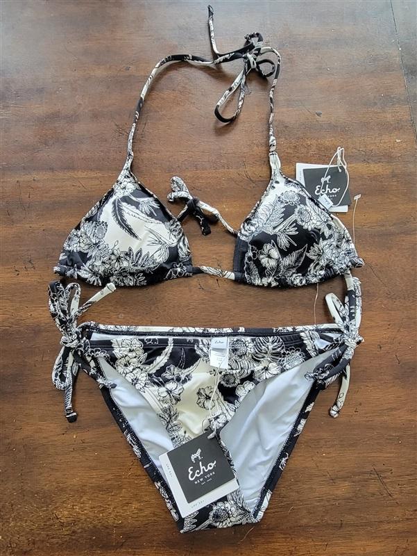 NWT Echo M Black White Floral Bikini Halter Top & Tie Side Bottom 123275
