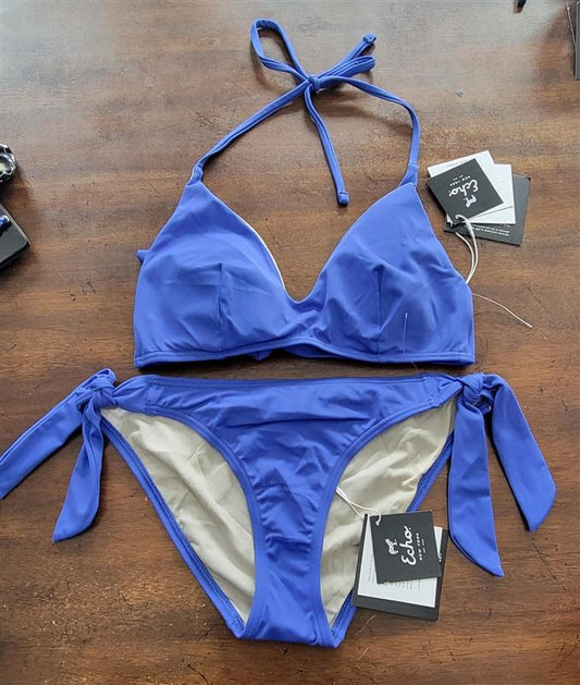 NWT Echo M Blue Bikini Halter Top & Tie Side Bottom 123283
