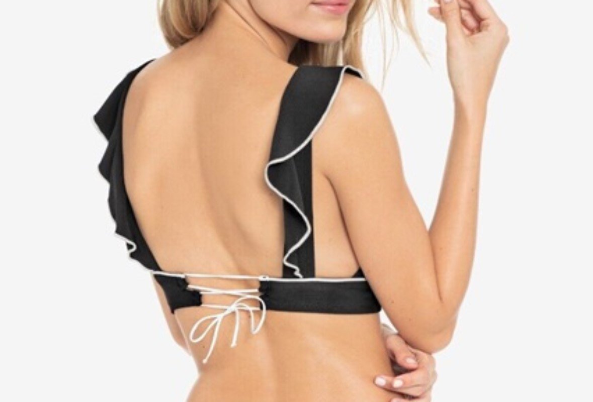 NWT Robin Piccone Malia XS Black & White Solid Bikini Top Tie Back 123396