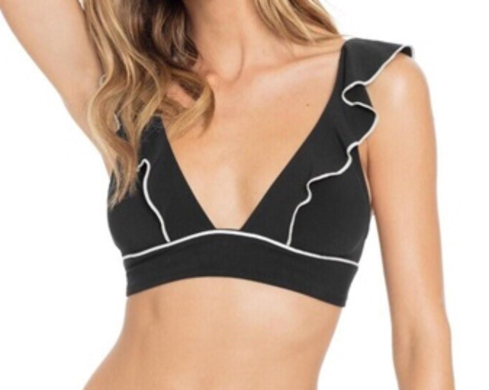 NWT Robin Piccone Malia XS Black & White Solid Bikini Top Tie Back 123396