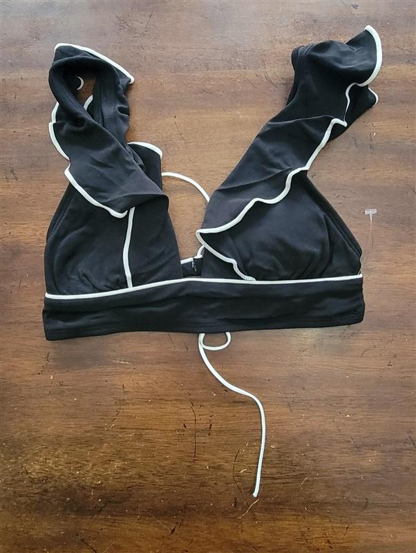 NWT Robin Piccone Malia XS Black & White Solid Bikini Top Tie Back 123396
