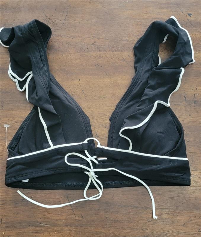 NWT Robin Piccone Malia XS Black & White Solid Bikini Top Tie Back 123396