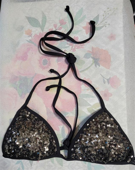 NWOT H&M Sequin S Bikini Swim Top Black Silver 123428