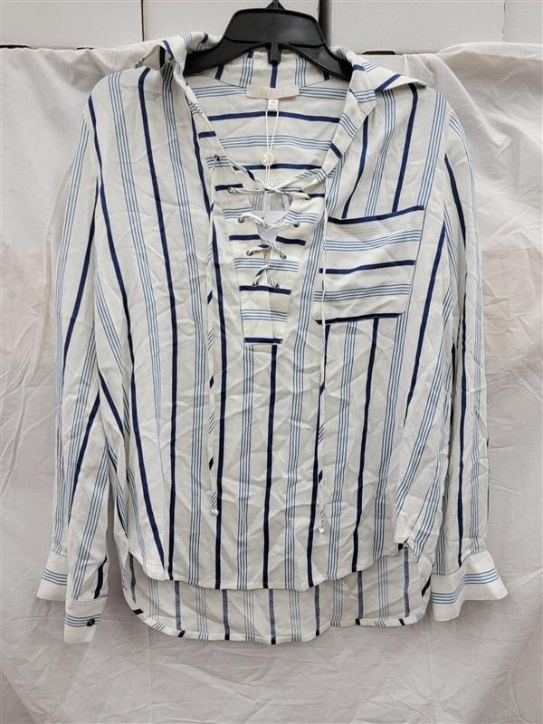 NWT WAYF XS Dean Lace Up Stripe Blue White Shirt 123442