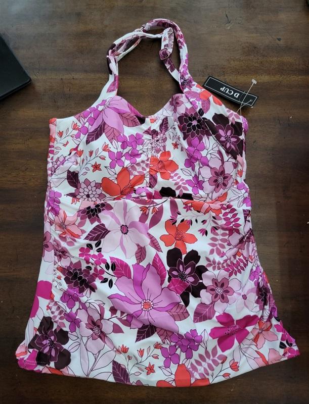 NWT 24th & Ocean Floral 34D Cross Back Tankini Swim Top Purple 123454